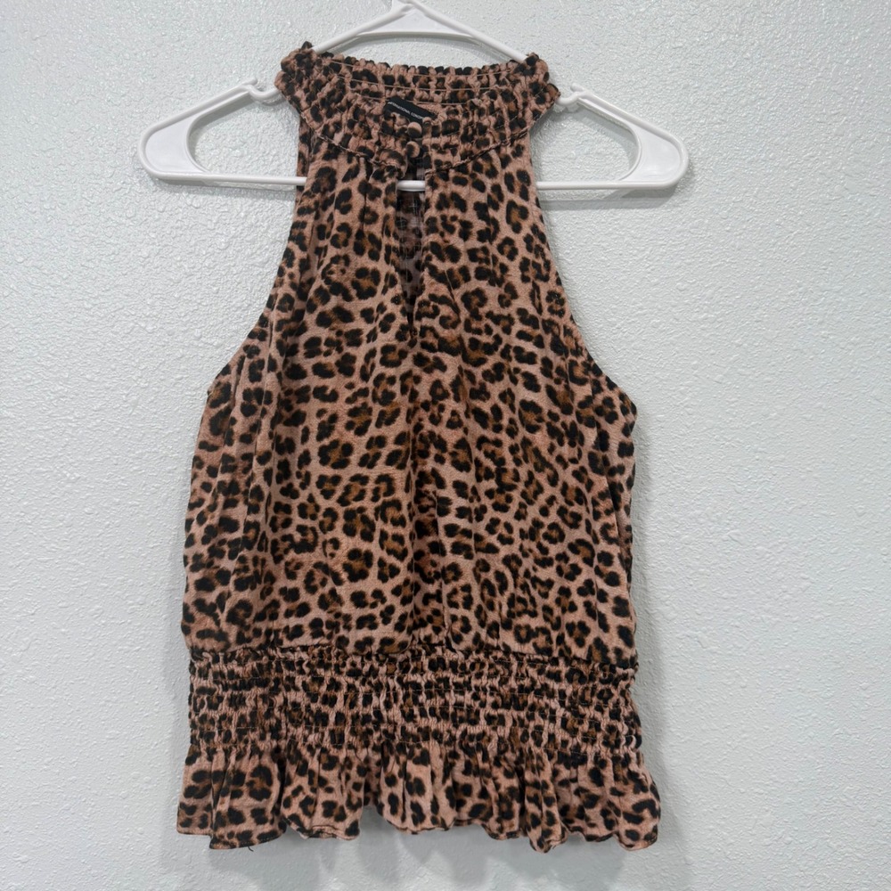 INC International Concepts Leopard Print Smocked Halter Top Blouse Brown Medium